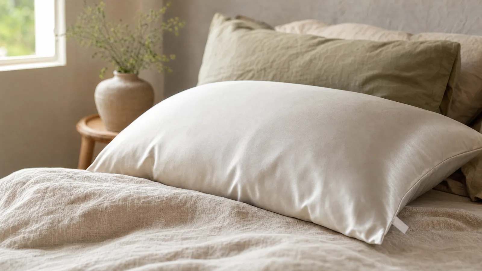 A bed pillow with a smooth, faintly lustrous cover resting on matte oat-coloured linen bedding