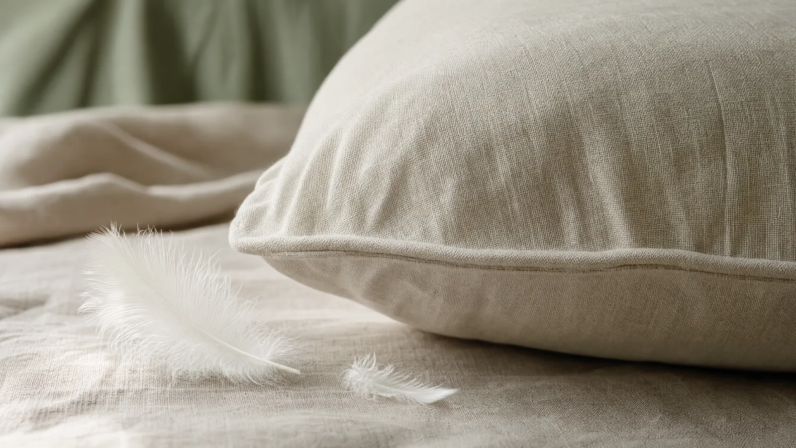 Close view of the tightly woven cotton ticking of a white down pillow, with two loose goose feathers resting on the fabric