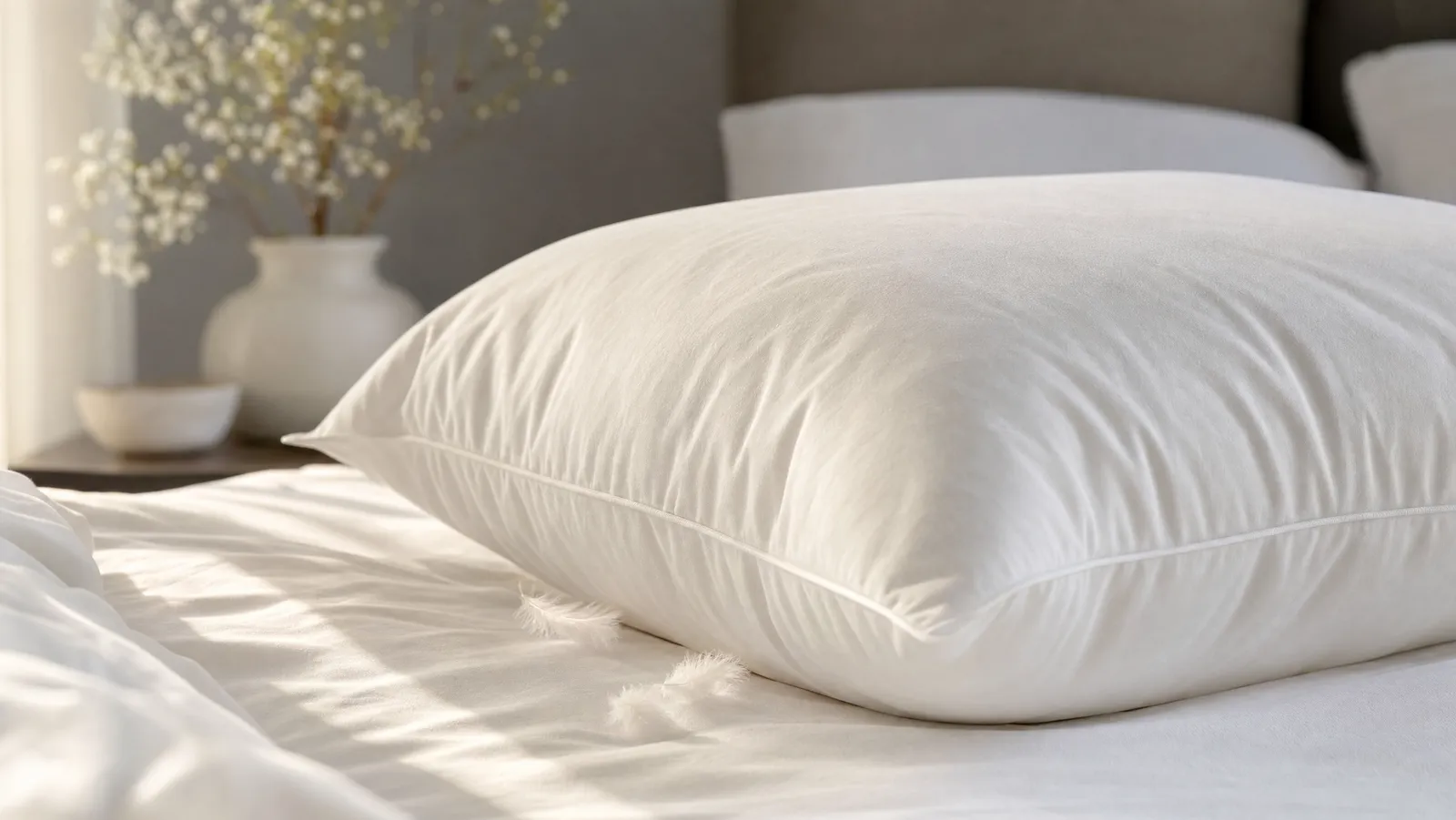 A plump white goose down pillow on white linen bedding with a few loose down feathers resting beside it