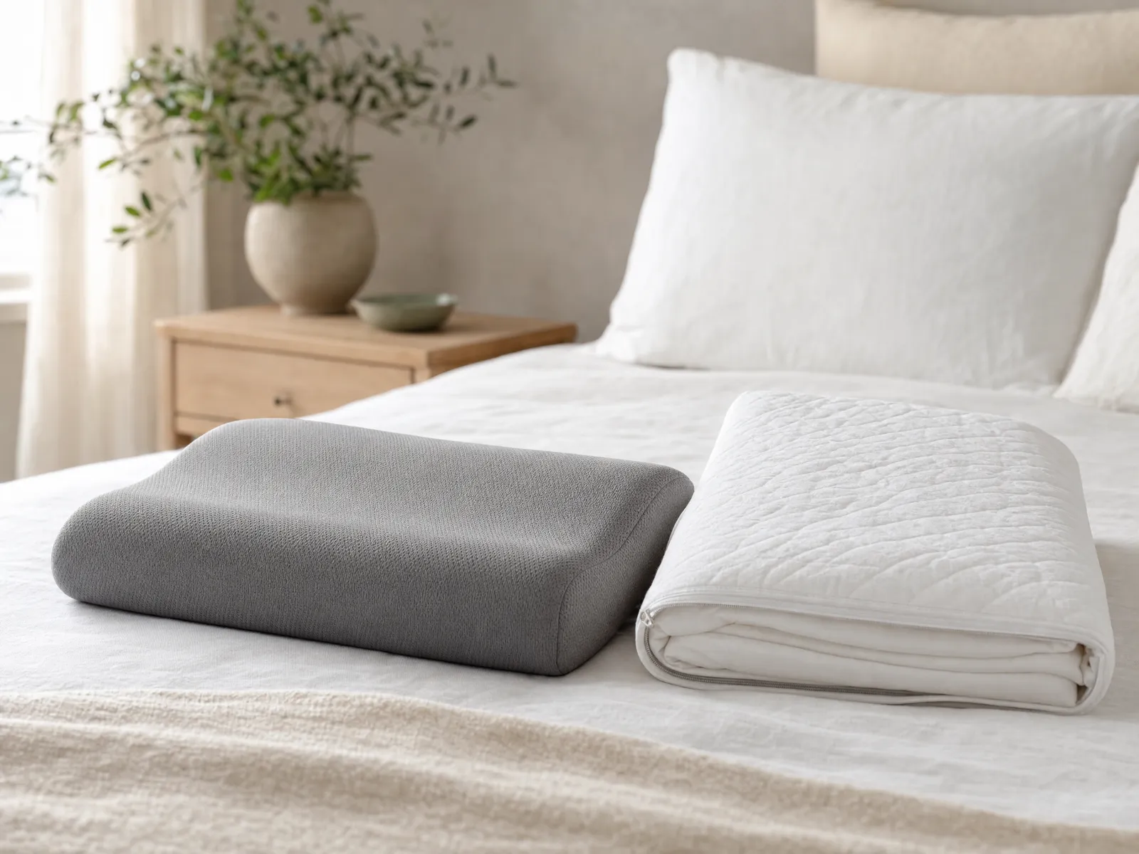 A contoured grey memory foam pillow on white linen bedding beside a neatly folded white zippered microfibre pillow encasement