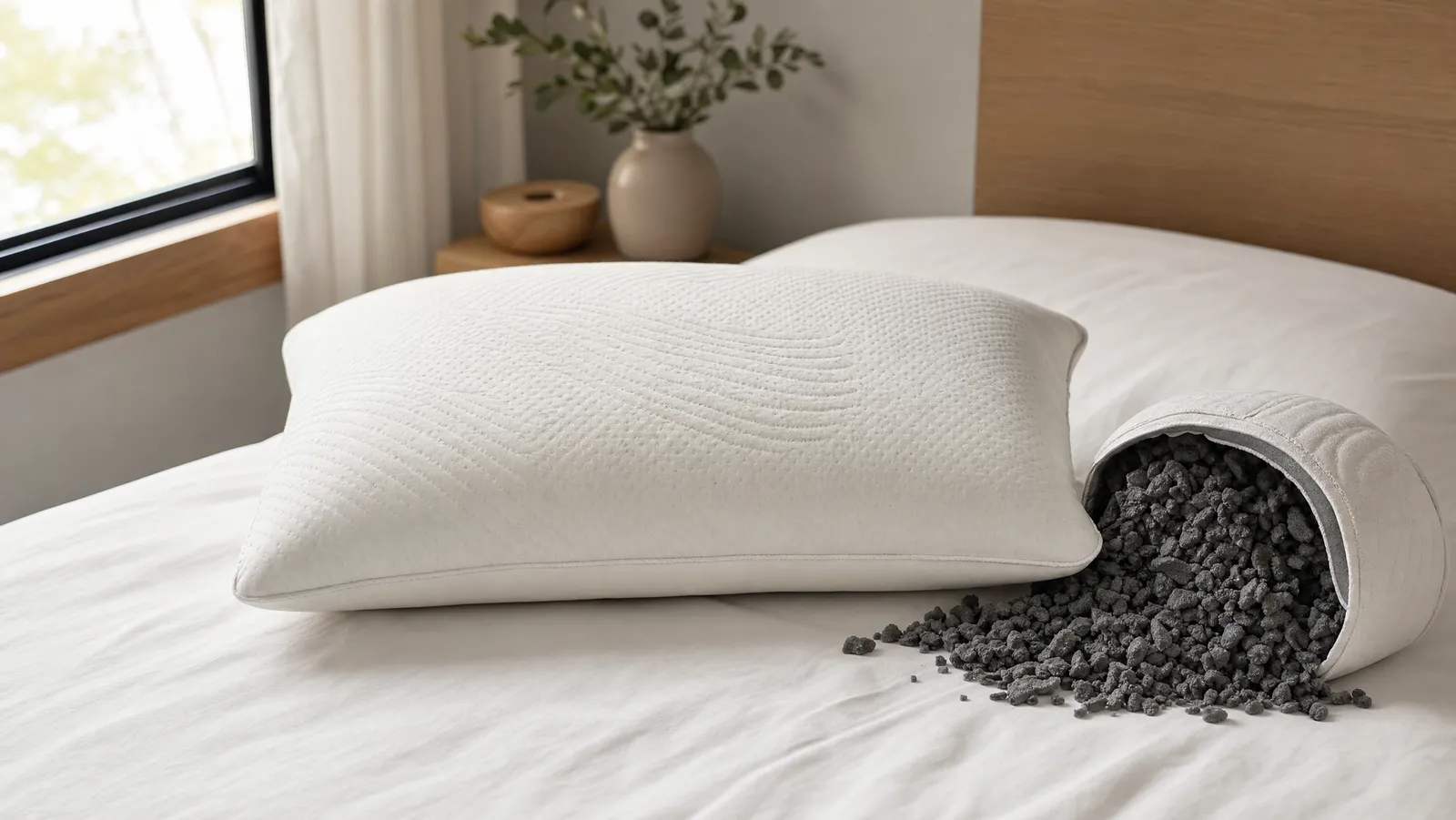 A white memory foam bed pillow on white bedding, with a cutaway showing the shredded grey foam fill inside