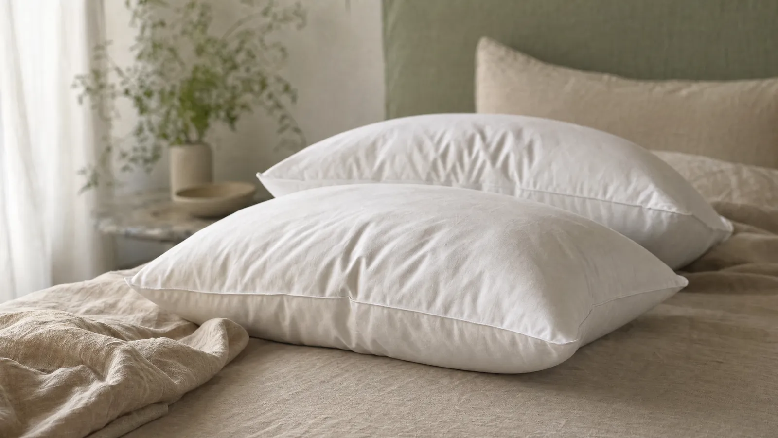 Two soft white down-alternative bed pillows stacked on an oat-coloured linen bed in soft morning light