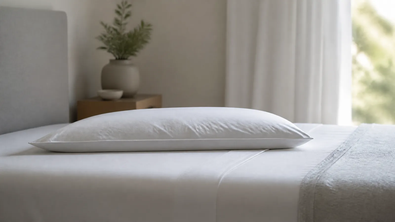 A low, thin white pillow lying flat on a crisp made bed, seen from a low side angle