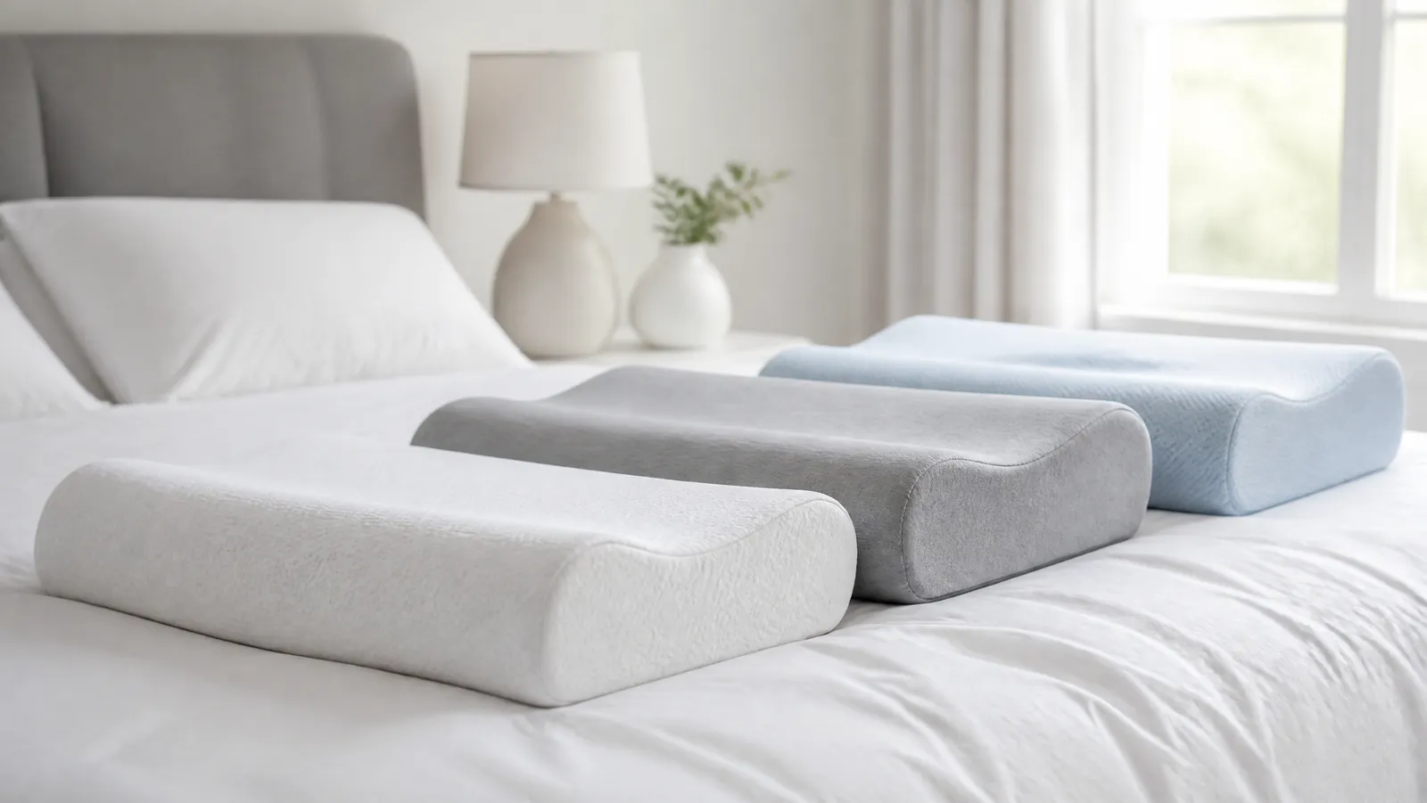 Three contoured cervical memory foam pillows in a row on a white bed, each showing its raised neck ridge