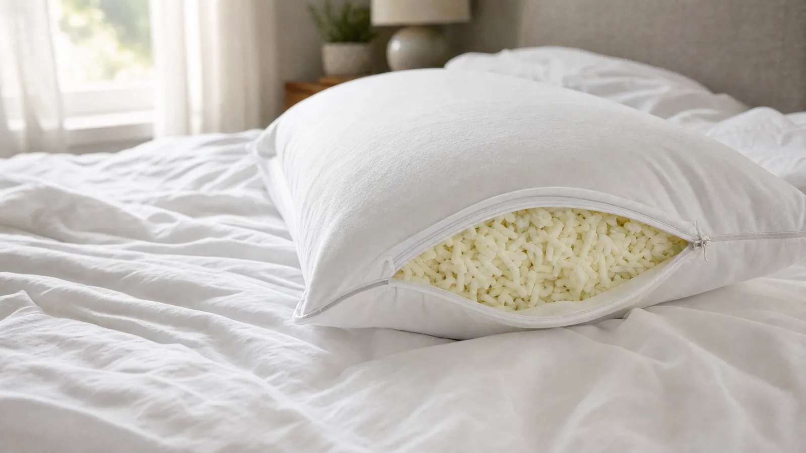 A white pillow on rumpled early-morning sheets with its zippered cover half unzipped and peeled back to show the fill inside