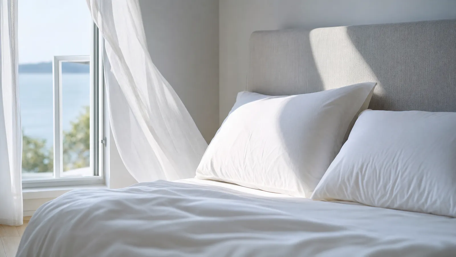 Two plump white pillows on a neatly made bed in cool morning light, with a sheer curtain lifting in the breeze beside an open window