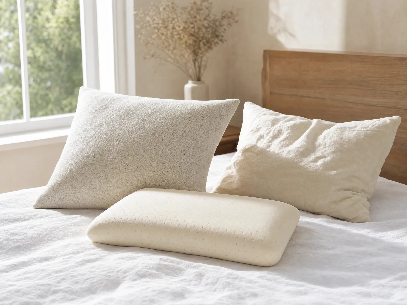 Three bed pillows in different natural materials — organic cotton, natural latex and wool — arranged on a white linen bedspread