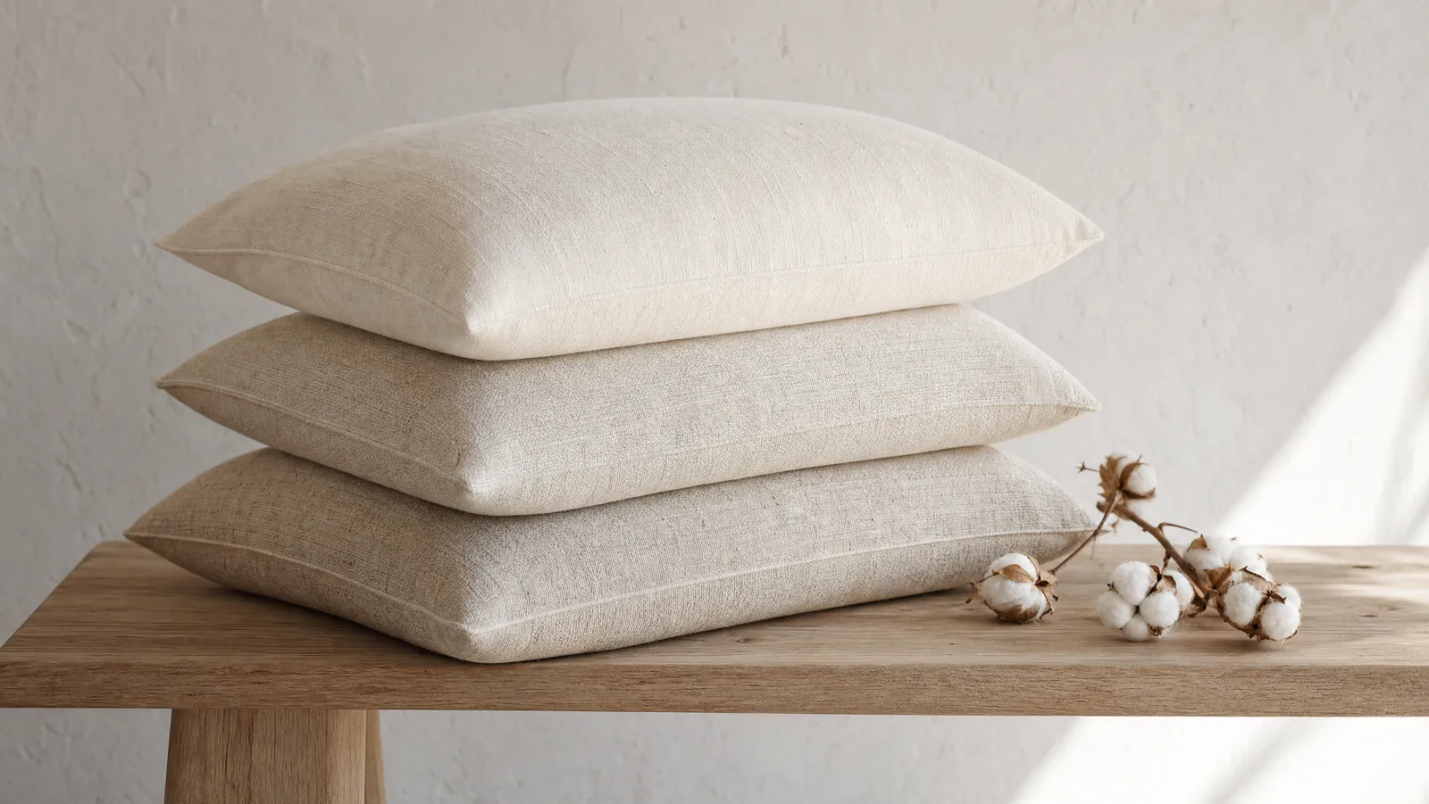 A stack of three undyed natural cotton pillows in cream and oatmeal tones on a pale oak bench