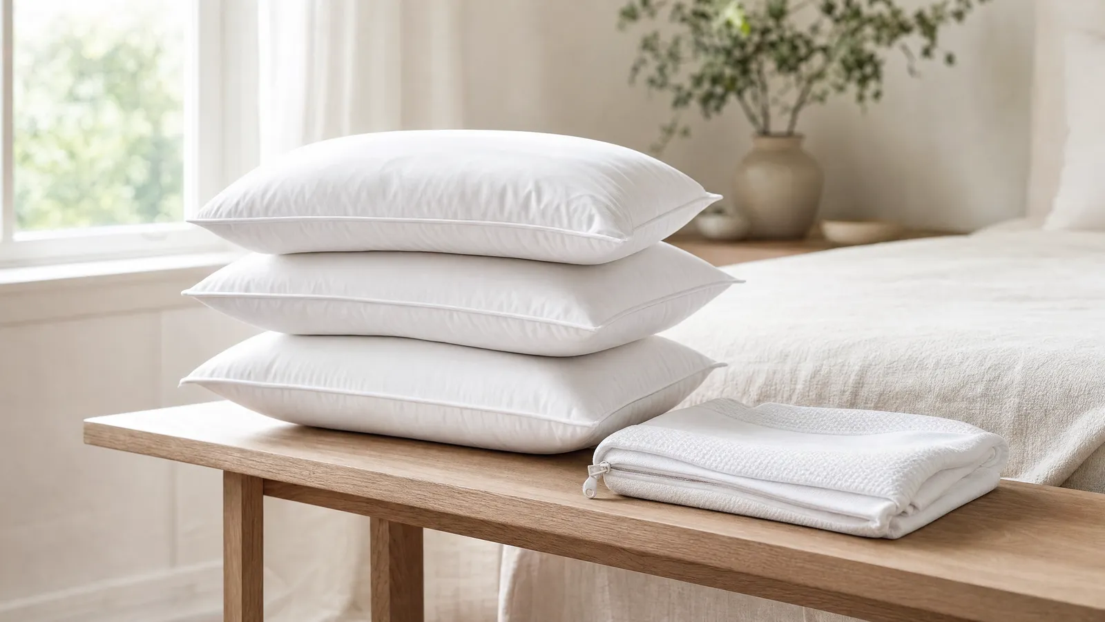 Three crisp white bed pillows stacked on a pale oak bench beside a folded zippered pillow encasement in a bright bedroom