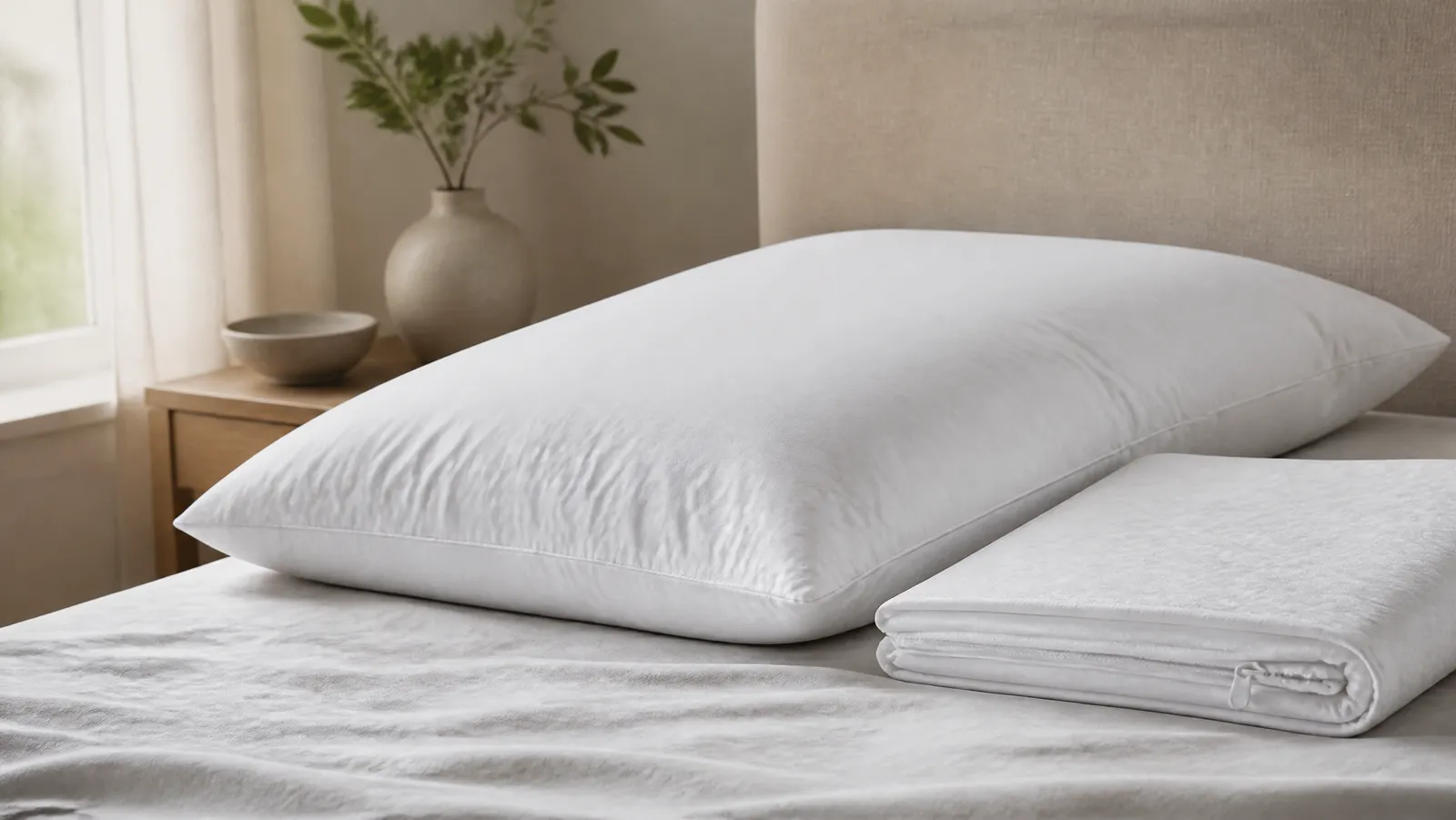 A crisp white bed pillow on pale linen beside a folded white zippered allergen-barrier encasement with its zipper visible