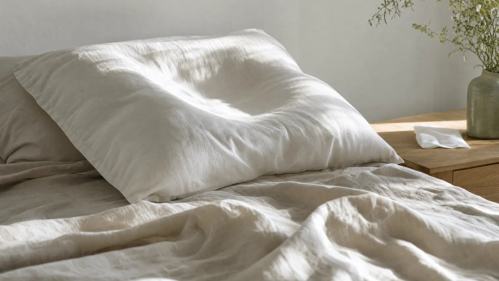 A single white pillow holding a faint head impression on rumpled pale linen in low early-morning light, a tissue at the edge of the nightstand