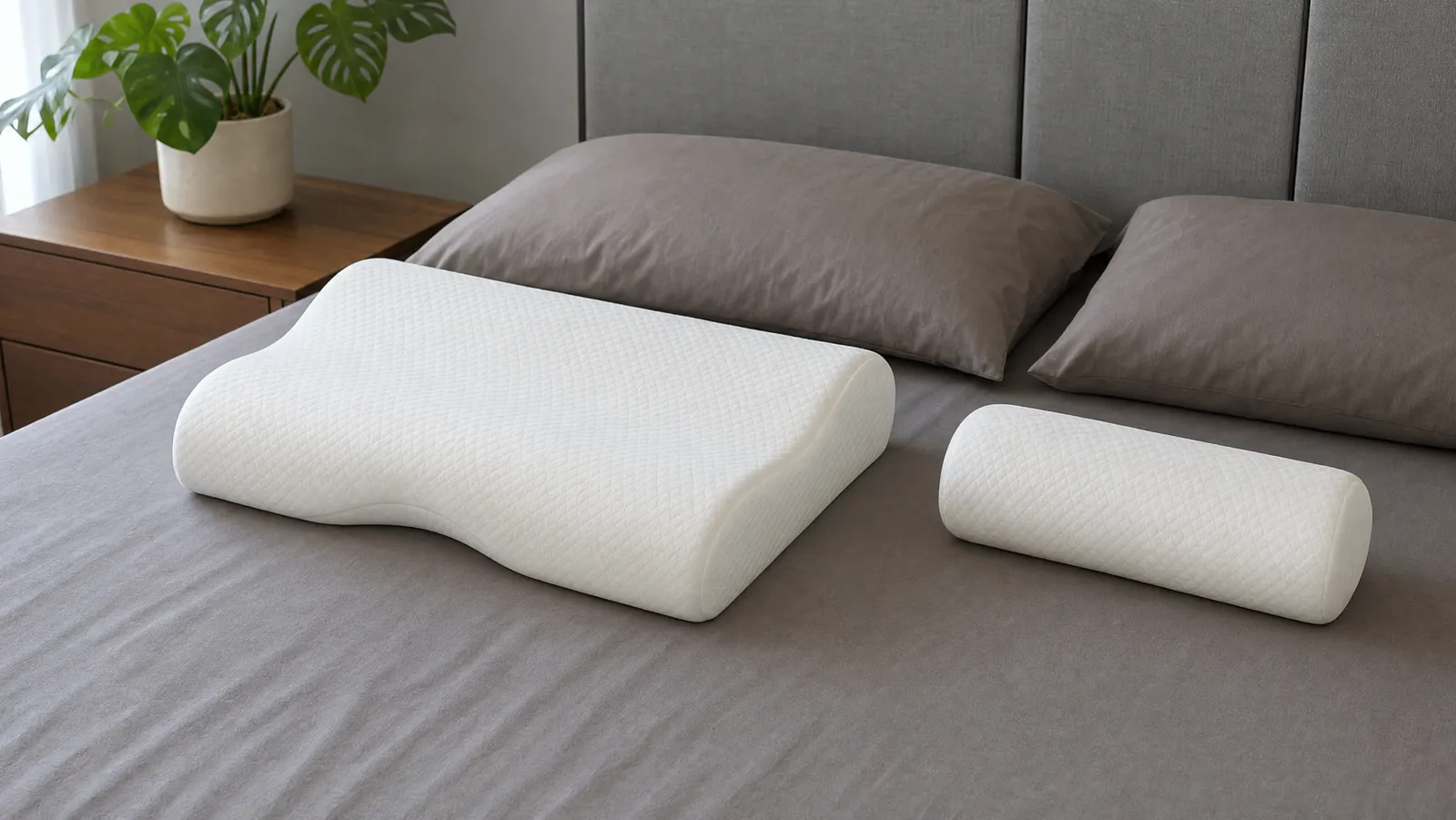 A wave-shaped contour memory foam pillow next to a cylindrical cervical neck roll on a neatly made bed