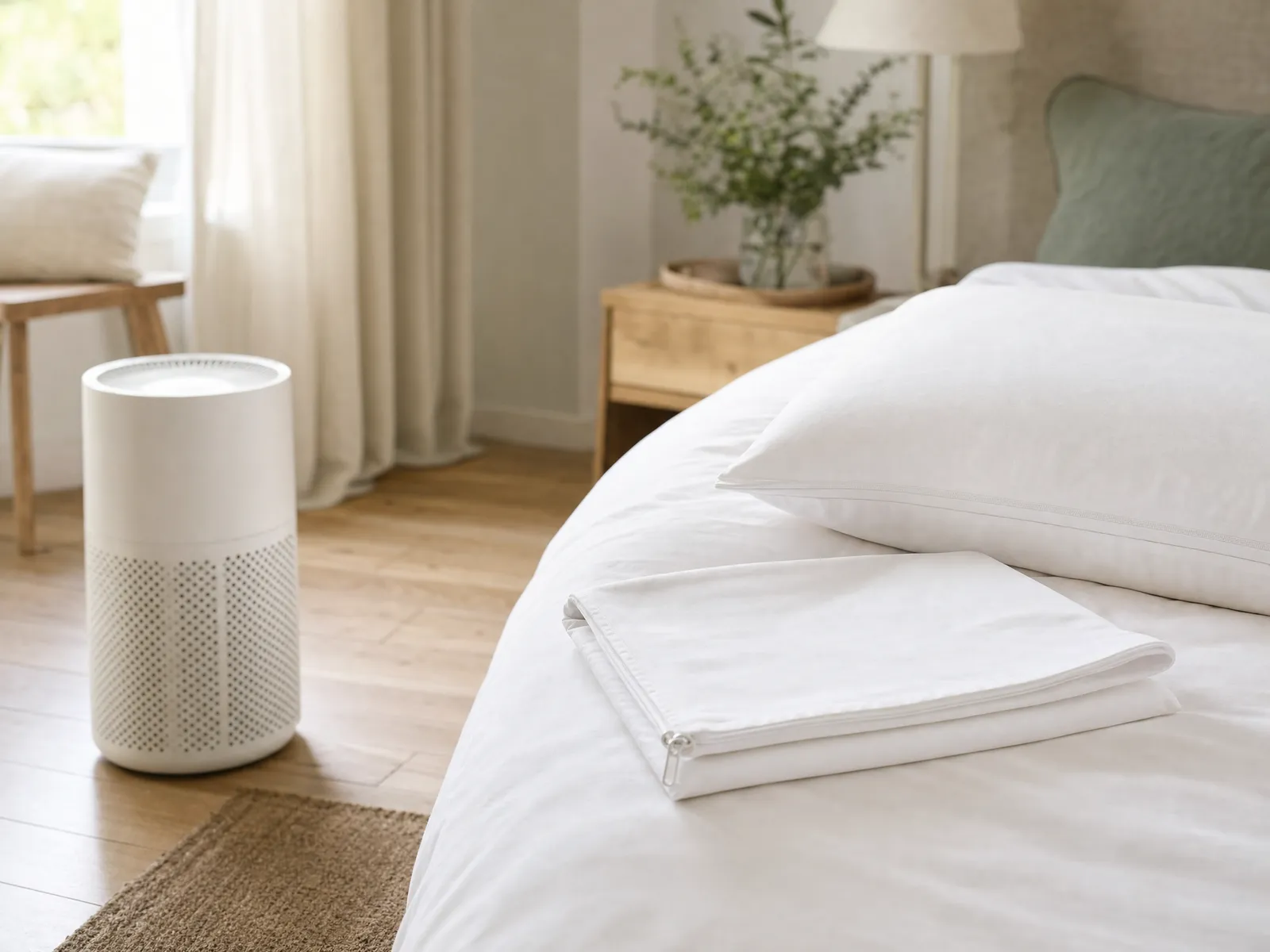 A white air purifier standing on a pale oak floor beside a made bed, with a folded zippered pillow protector on the duvet in the foreground