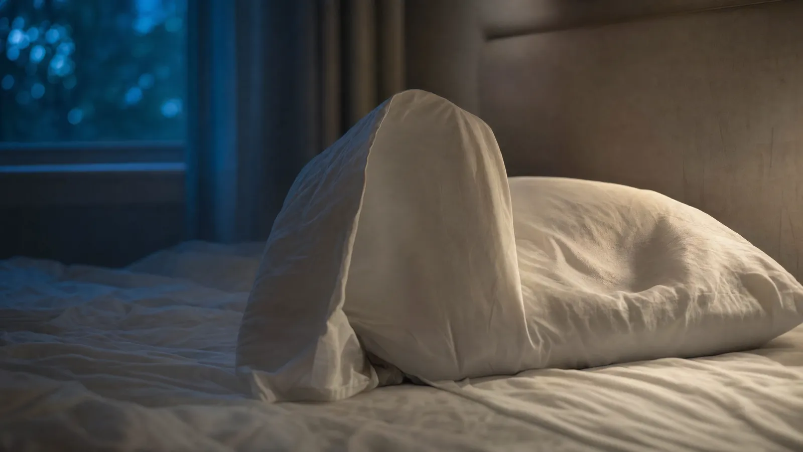 A single white pillow on rumpled sheets in a dim bedroom at night, caught mid-flip with one half turned over to the fresh underside