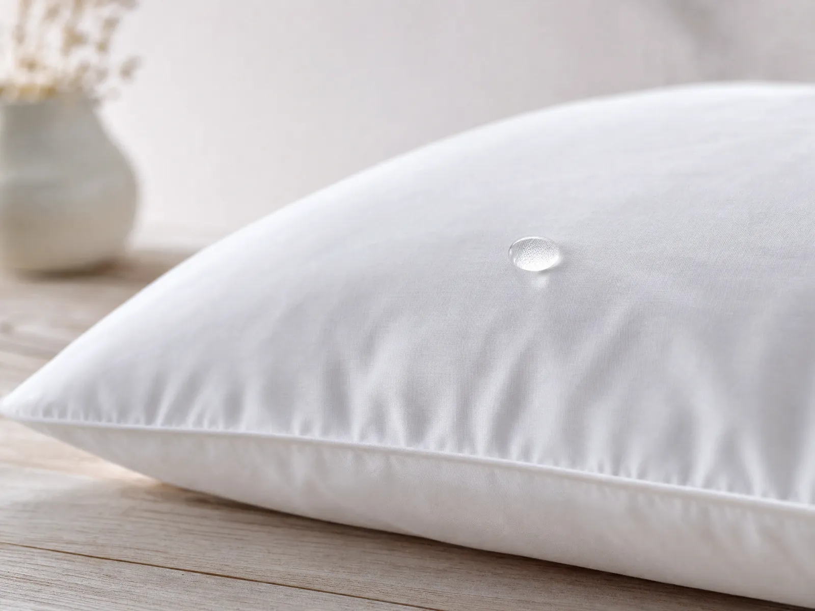 A droplet of water beading on the surface of a white bed pillow, the visible hallmark of a water-repellent textile finish