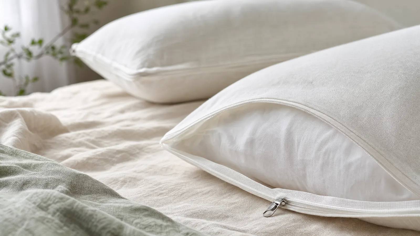 A white bed pillow being slid into a zippered cotton encasement on pale oatmeal linen, the open zipper and its pull in sharp focus