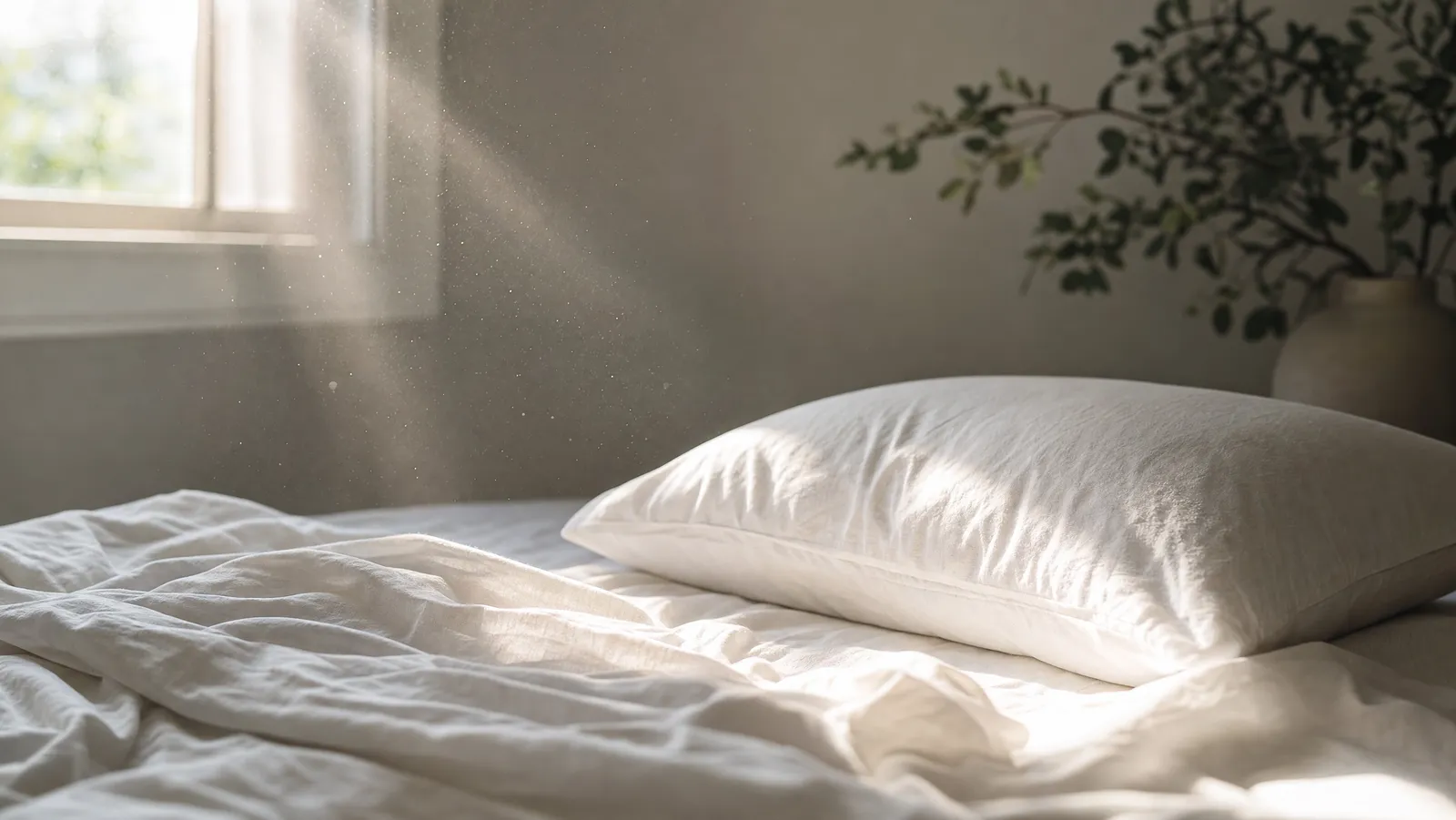 A white bed pillow on rumpled linen sheets lit by a shaft of morning sunlight with dust motes drifting in the beam