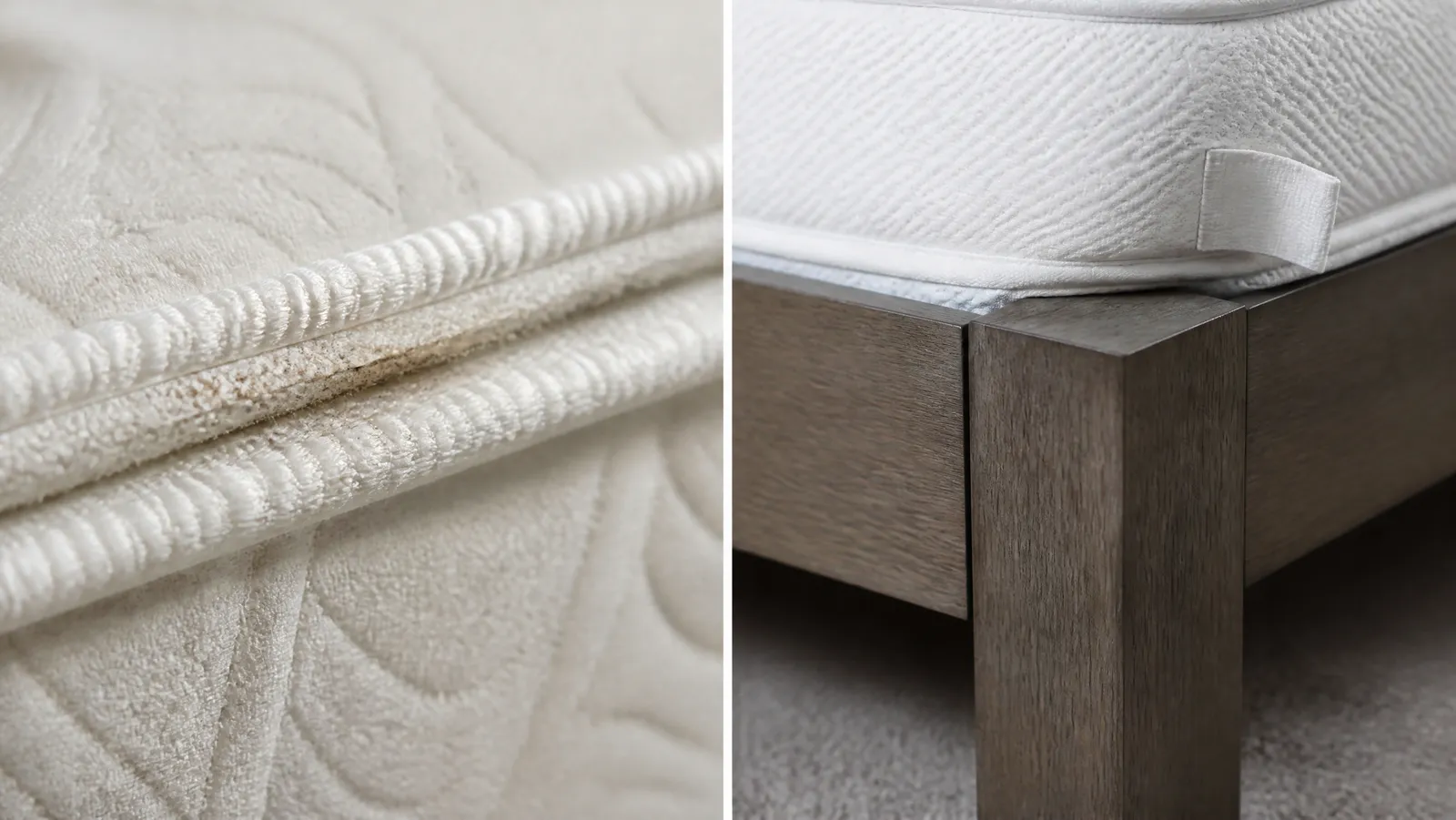 Close-up of a white mattress seam with fine household dust in the weave beside a bed frame joint and mattress tag