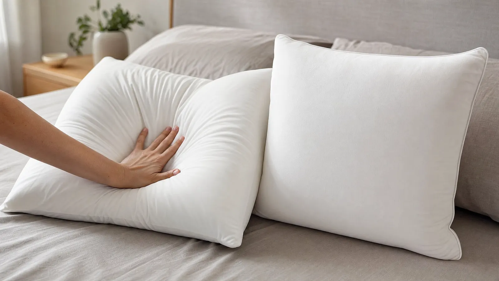 A hand pressing a deep dent into a soft pillow while a firmer pillow beside it holds its shape