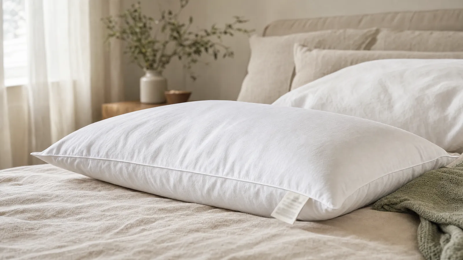 A plain white bed pillow on an oat-coloured linen bed, its sewn-in fabric care label just visible at the near corner