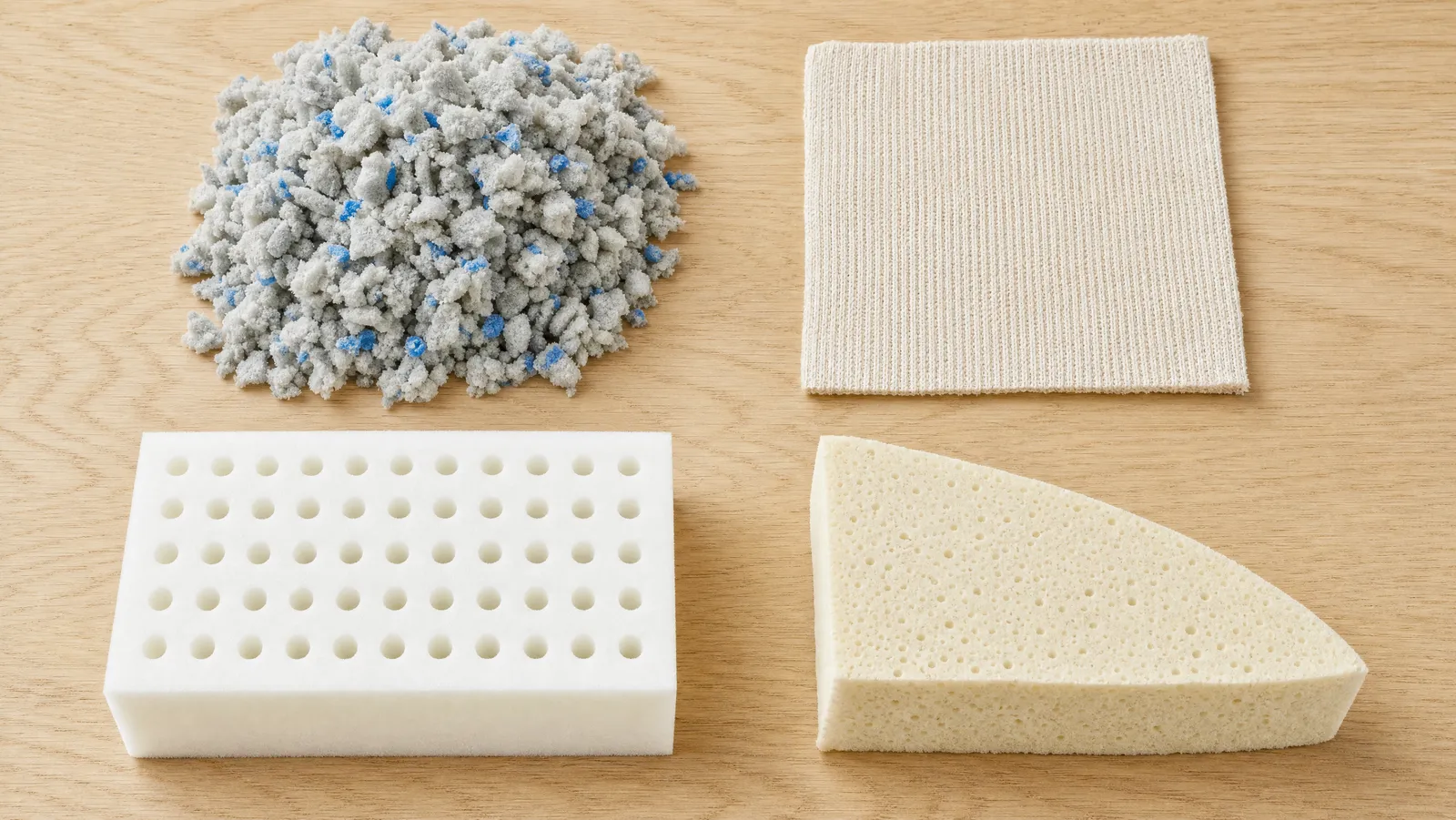 An overhead materials flat-lay on pale oak: shredded grey memory foam flecked with blue gel particles, a knitted bamboo-viscose swatch, a slab of ventilated white foam, and a wedge of pinholed latex