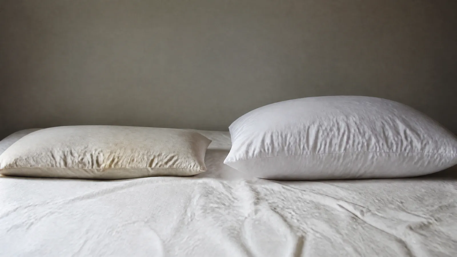 An older flattened and slightly yellowed bed pillow side by side with a fresh white plump one on pale linen