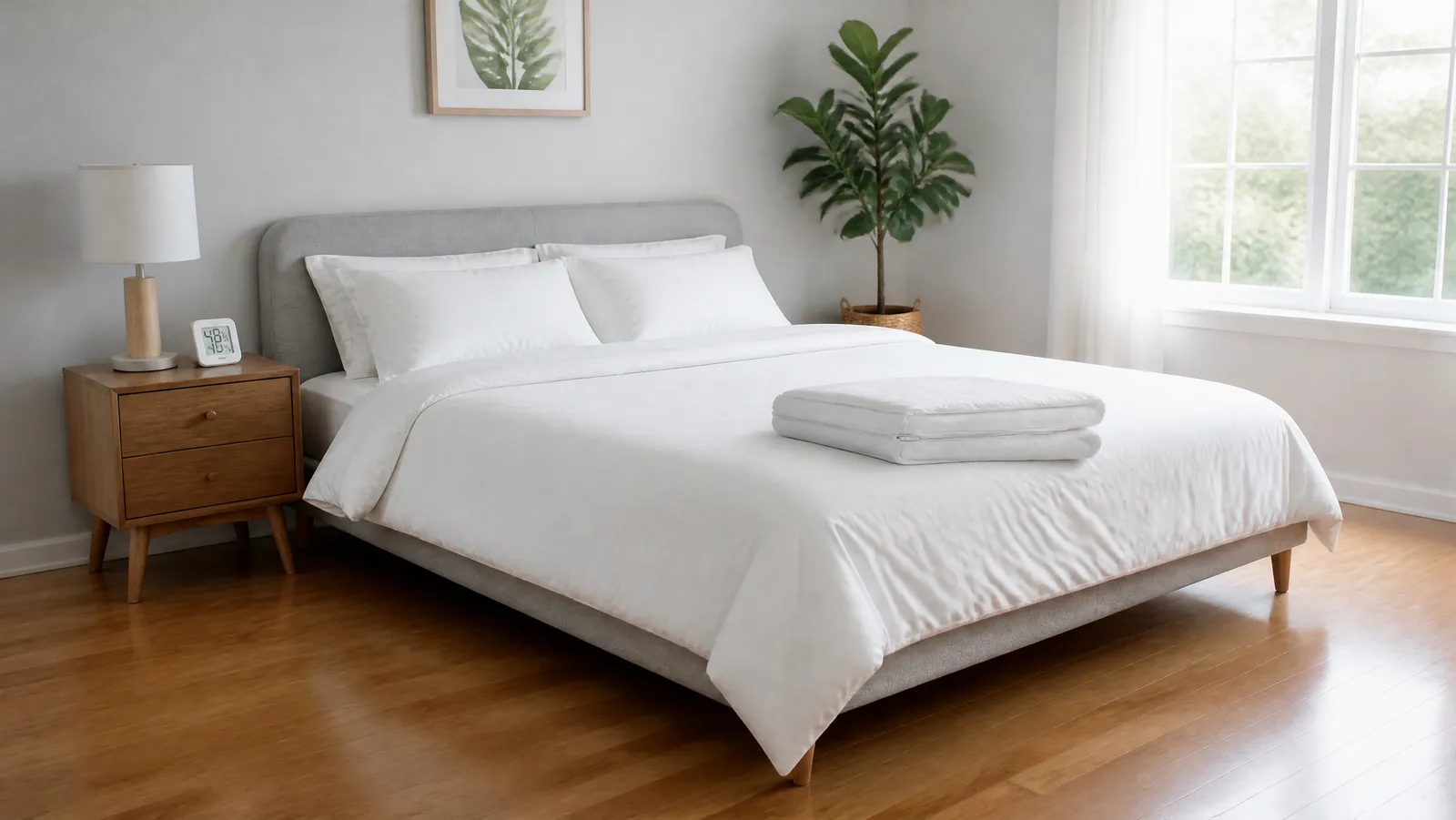 An uncluttered bedroom with white bedding, bare wood floor, a small digital hygrometer on the nightstand and a folded zippered mattress protector