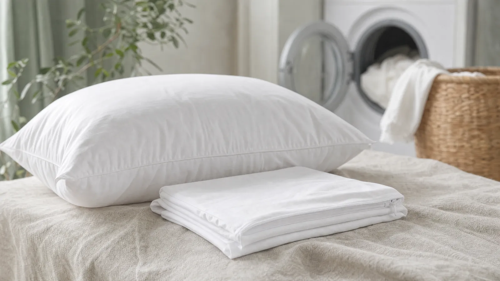 A freshly laundered white pillow and a folded zippered pillow protector stacked on pale linen beside a woven laundry basket