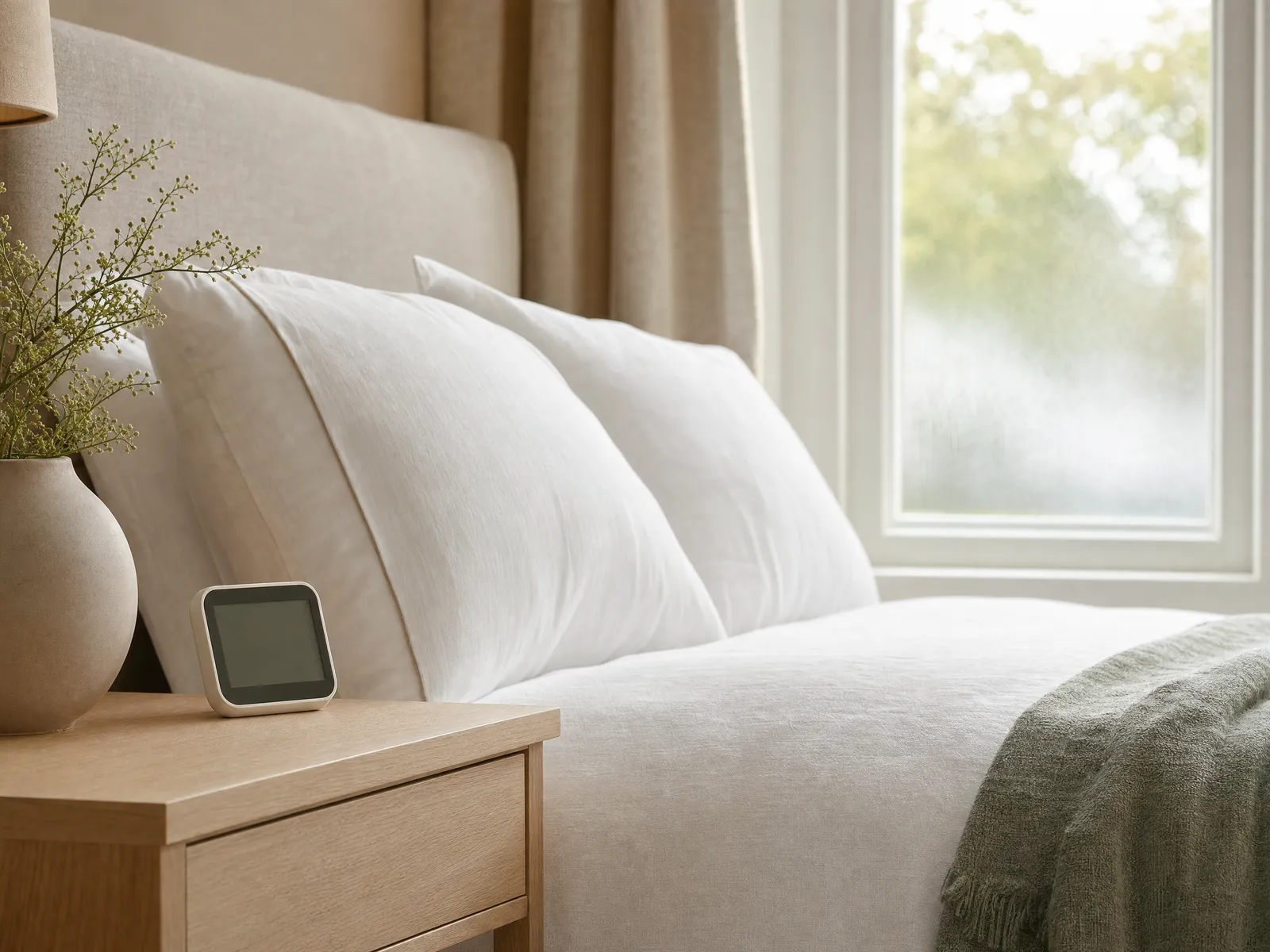 A small digital hygrometer on a pale oak bedside table beside a neatly made bed with white linen bedding, with faint condensation on the window behind