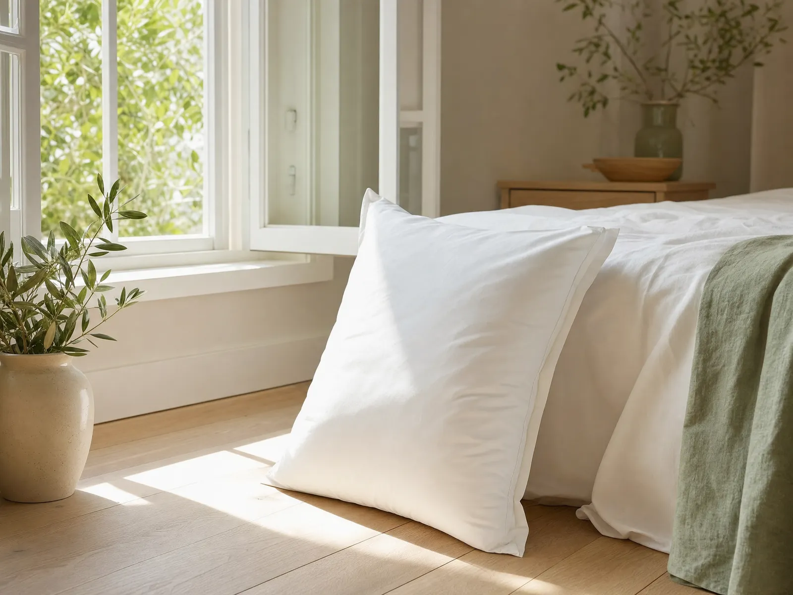 A bare white bed pillow propped upright to air in a bright open window above a pale oak floor, with white linen bedding on a stripped bed behind