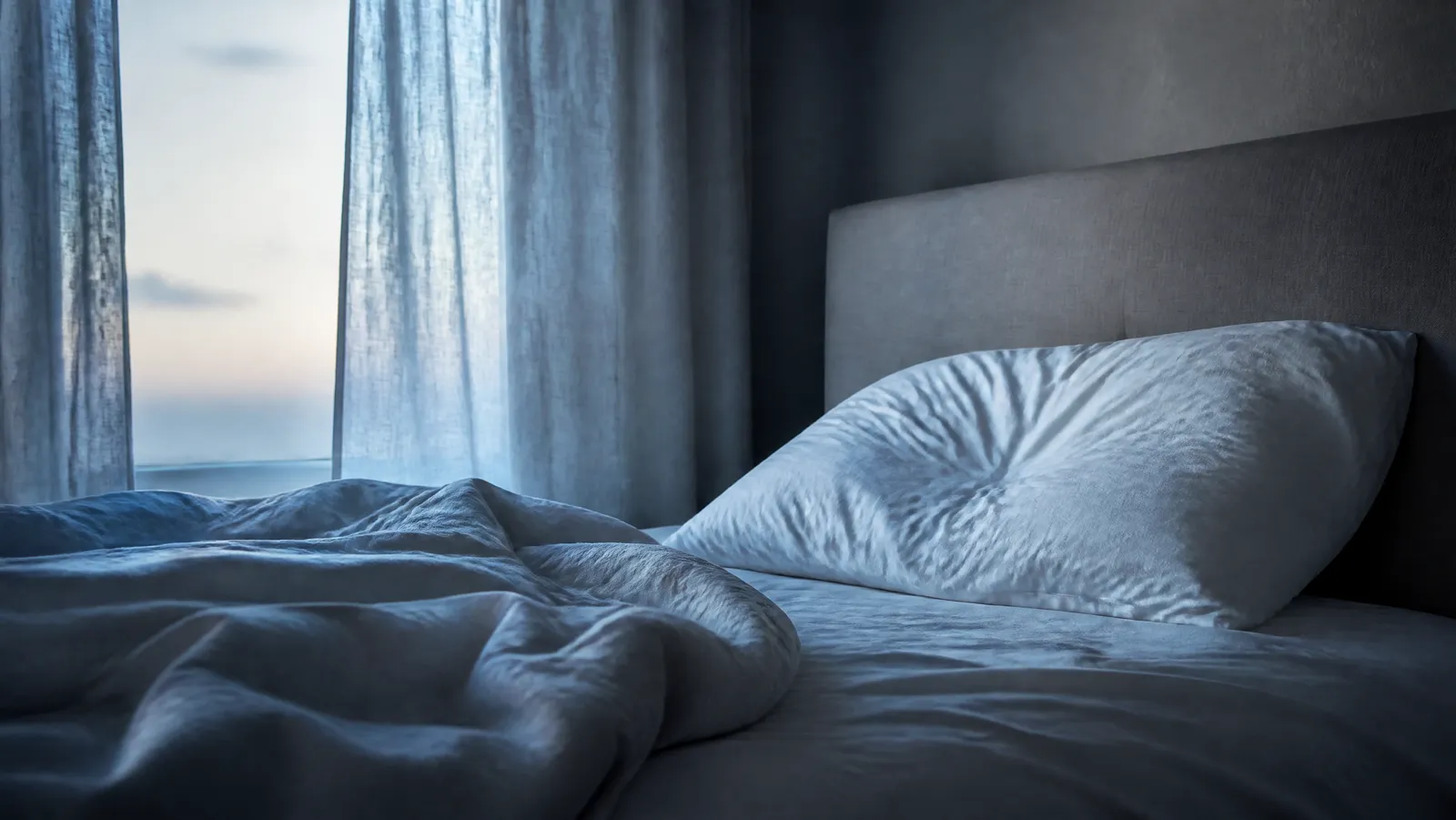 An unmade bed at dawn with a single indented white pillow lit by cool blue-grey morning light