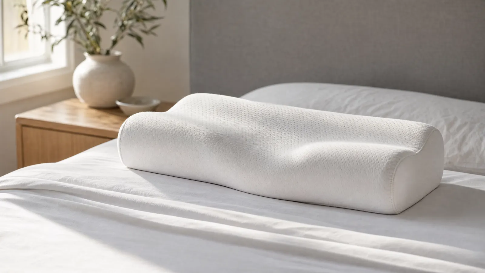 A contoured white memory-foam cervical pillow with a curved neck bolster resting on a neatly made white bed in soft morning light