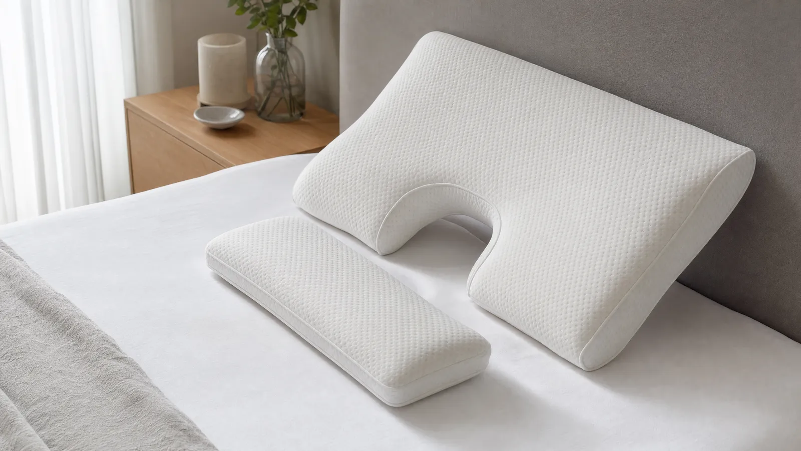 A white memory-foam side-sleeper pillow with a cut-out arm channel resting on crisp white bedding beside a slim support pillow