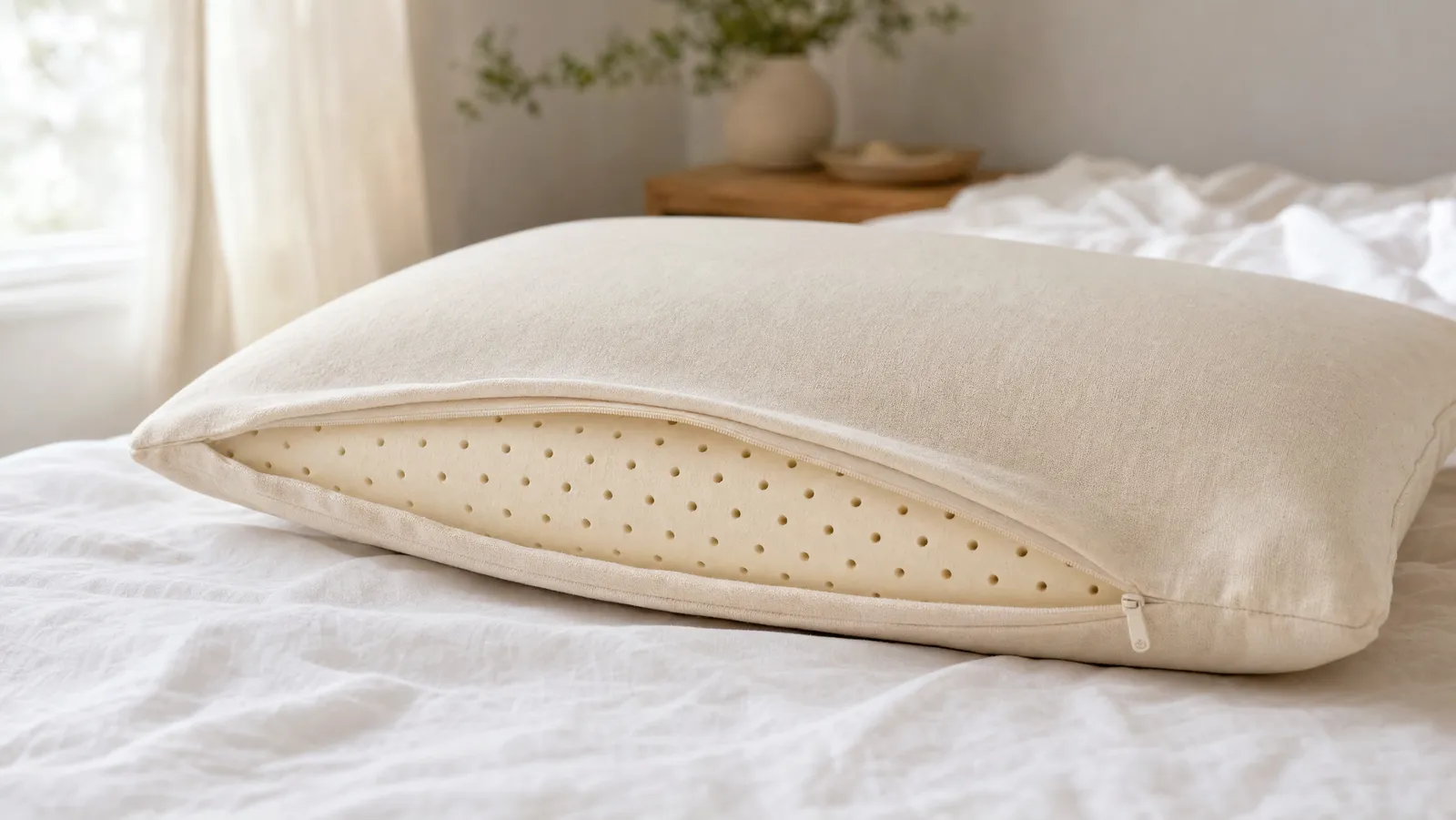 A natural latex bed pillow on white linen, its organic cotton cover partly unzipped to show the ventilated latex core beneath