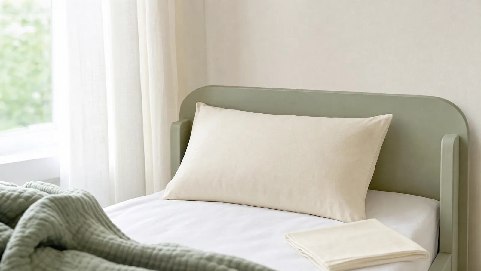 A small child-sized pillow in an undyed cotton cover on a low toddler bed, with a folded spare pillowcase beside it