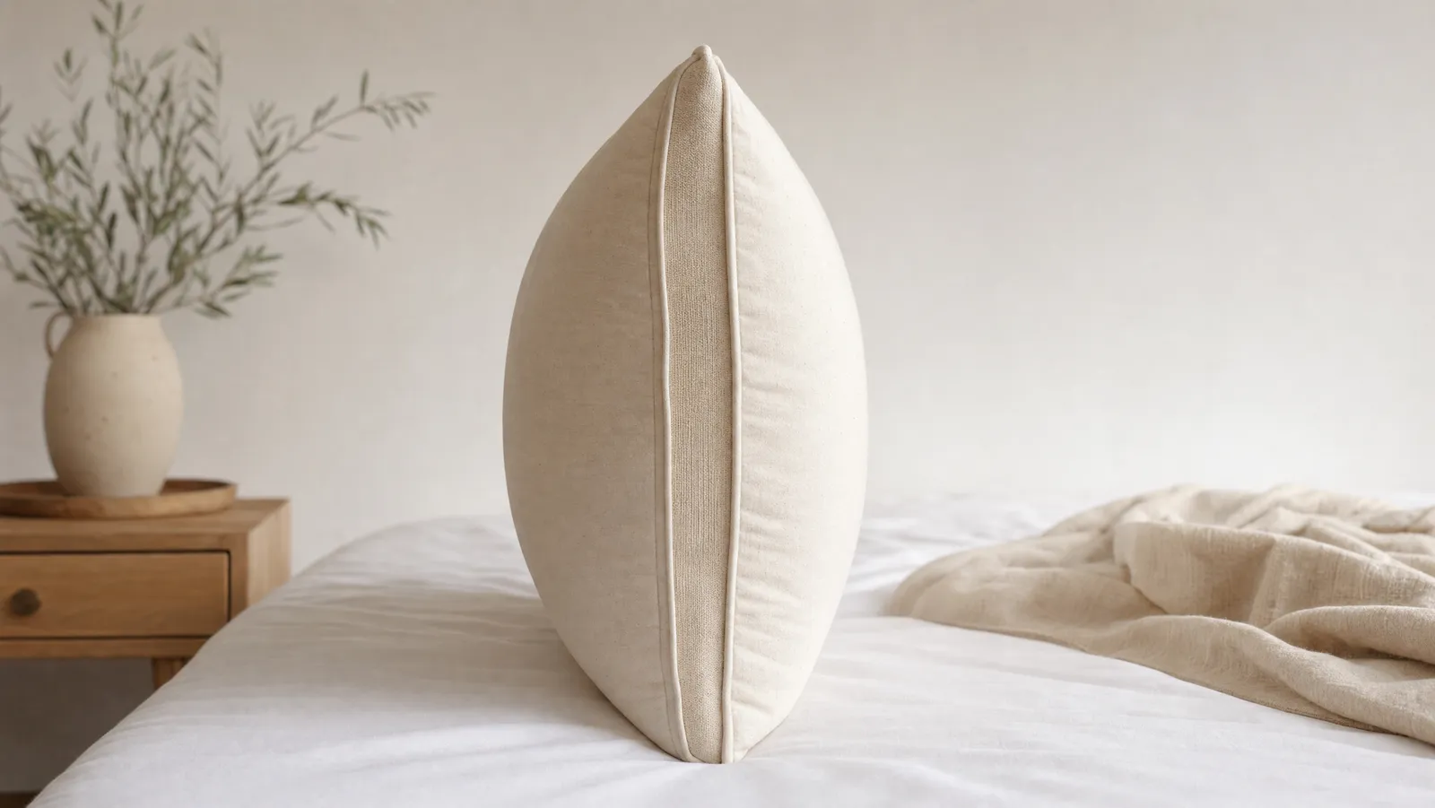 A tall gusseted bed pillow standing on its edge, photographed side-on so its loft and thickness are visible