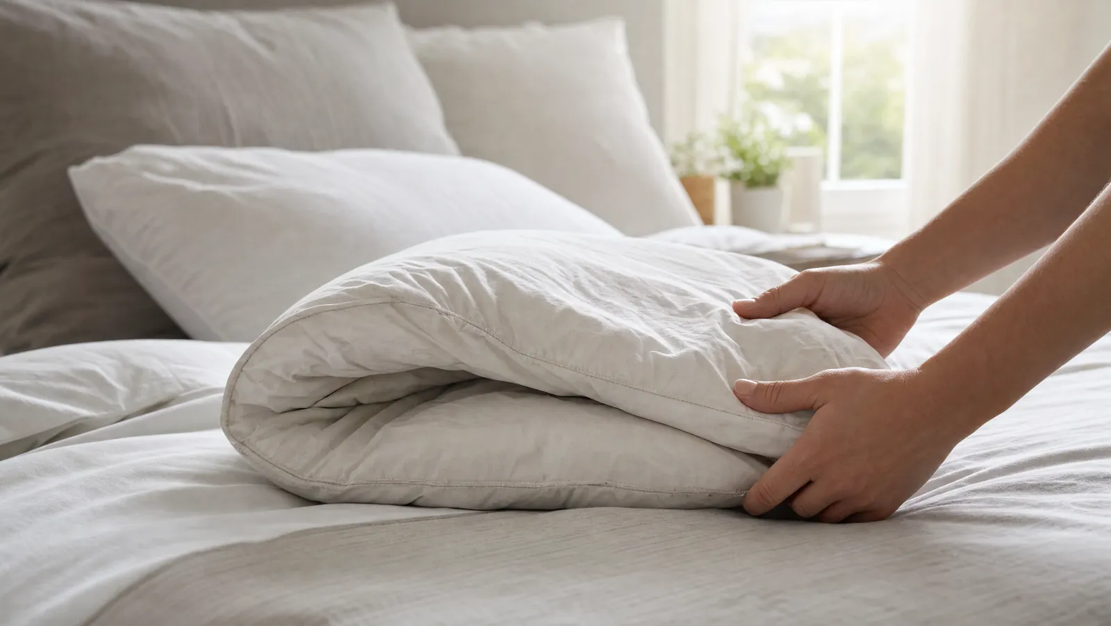 Hands folding a flat, worn-out white pillow in half on a bed — the fold test for a pillow past its prime