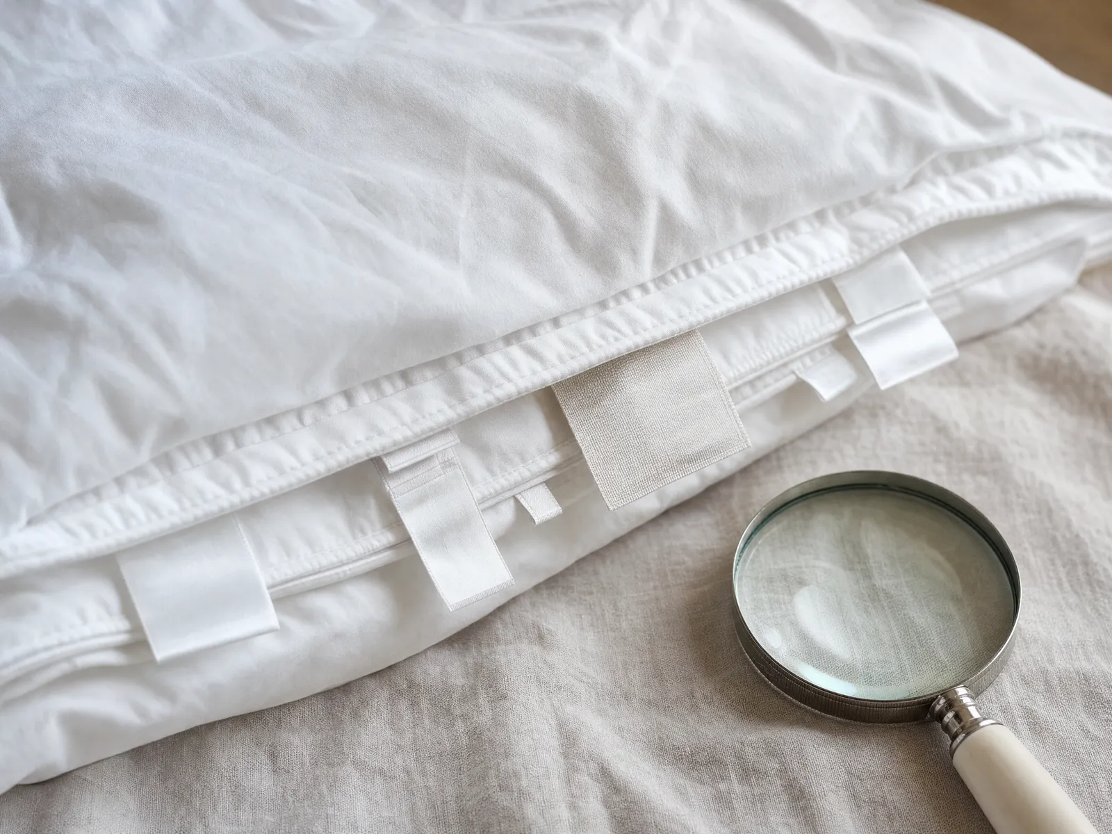 A folded white bed pillow seen from above with its sewn-in care labels exposed along the seam, a magnifying glass resting alongside