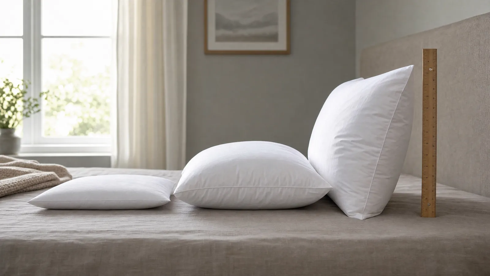 Three white pillows of clearly different heights lined up side-on on a bed with a ruler standing beside them