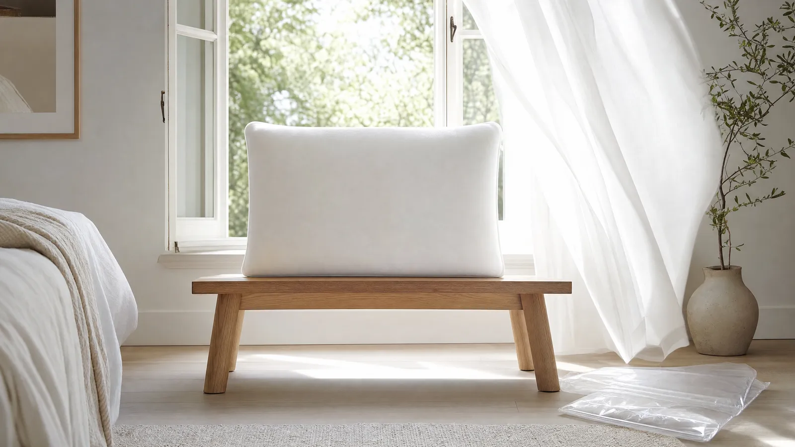 A new white foam pillow standing unwrapped in front of an open window with a sheer curtain moving in the breeze