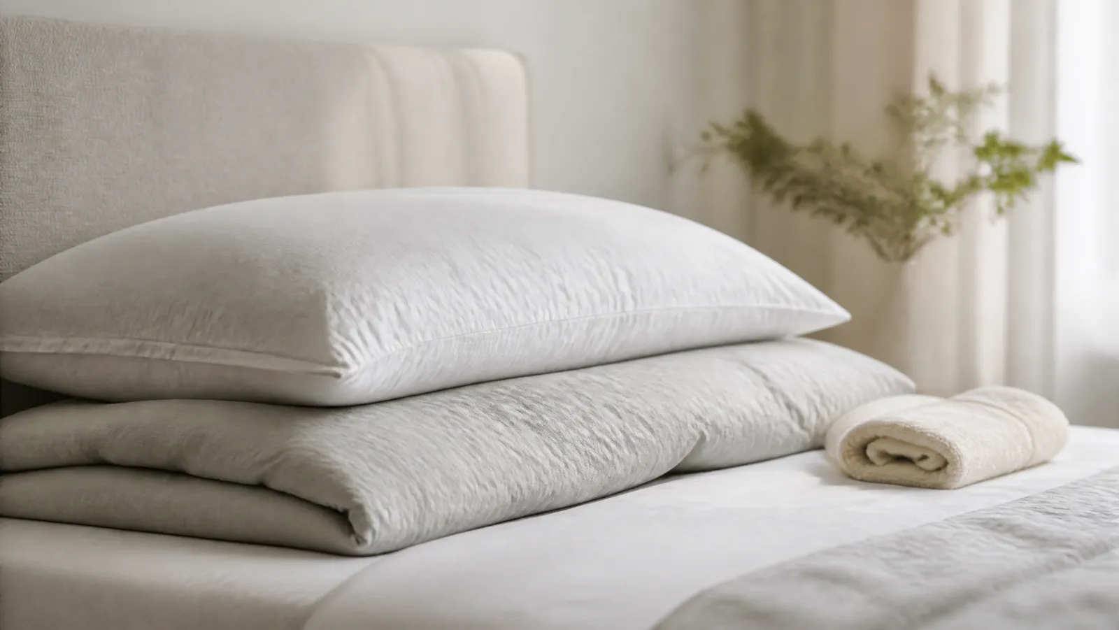 A white pillow tucked snugly against a folded duvet on a made bed, with a rolled hand towel resting beside it