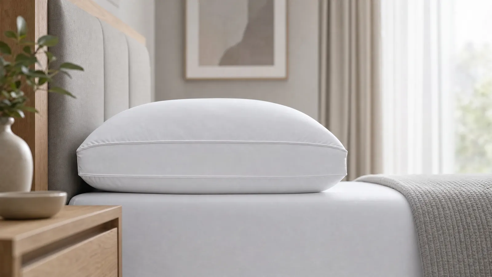 A tall high-loft white pillow shown side-on so its height above the mattress is clearly visible on a neatly made bed