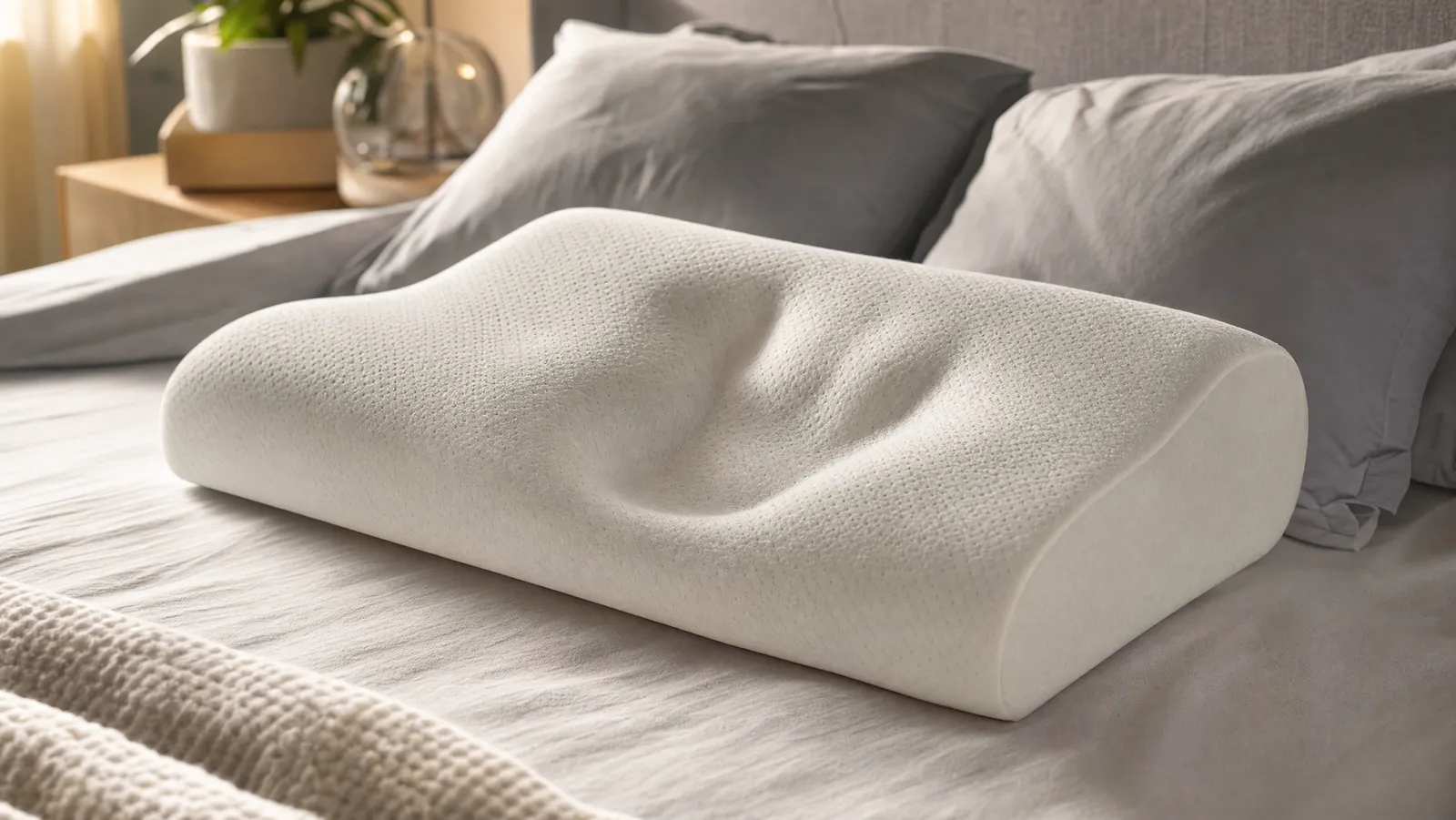 A contoured memory foam pillow on a bed in morning light, with a clear head-shaped impression still pressed into its surface